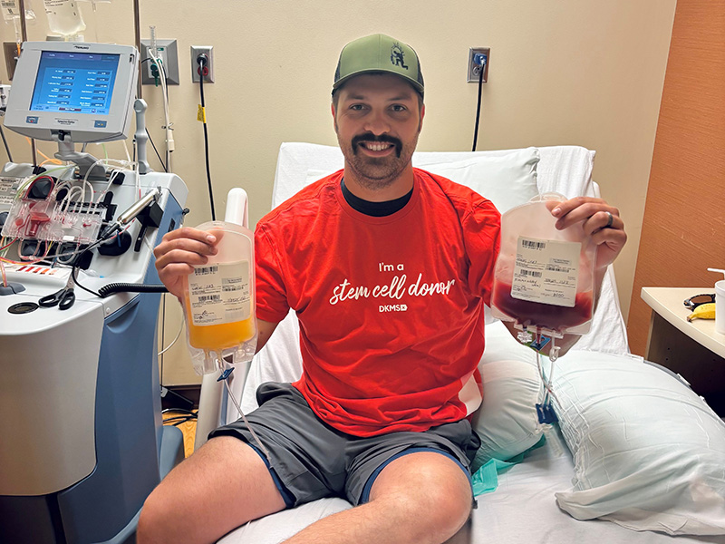 Hunter Fears, shift maintenance technician at Dakota Gas, donated stem cells that went to help a young man in South Dakota. Here, Fears is wearing a T-shirt he received after making the donation.