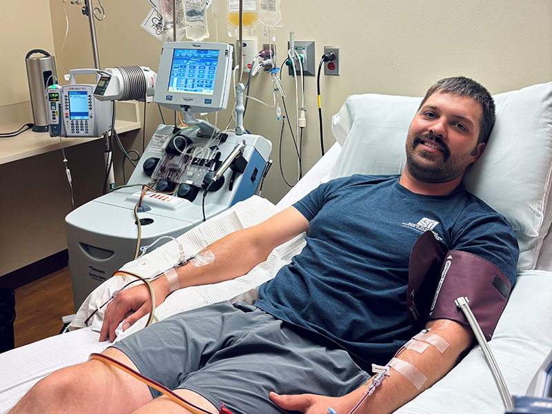 Hunter Fears is seen donating blood cells. This was his first time donating anything other than blood. ‘I chose to donate because I believe if you have the chance to save someone’s life, you take it,’ he says.